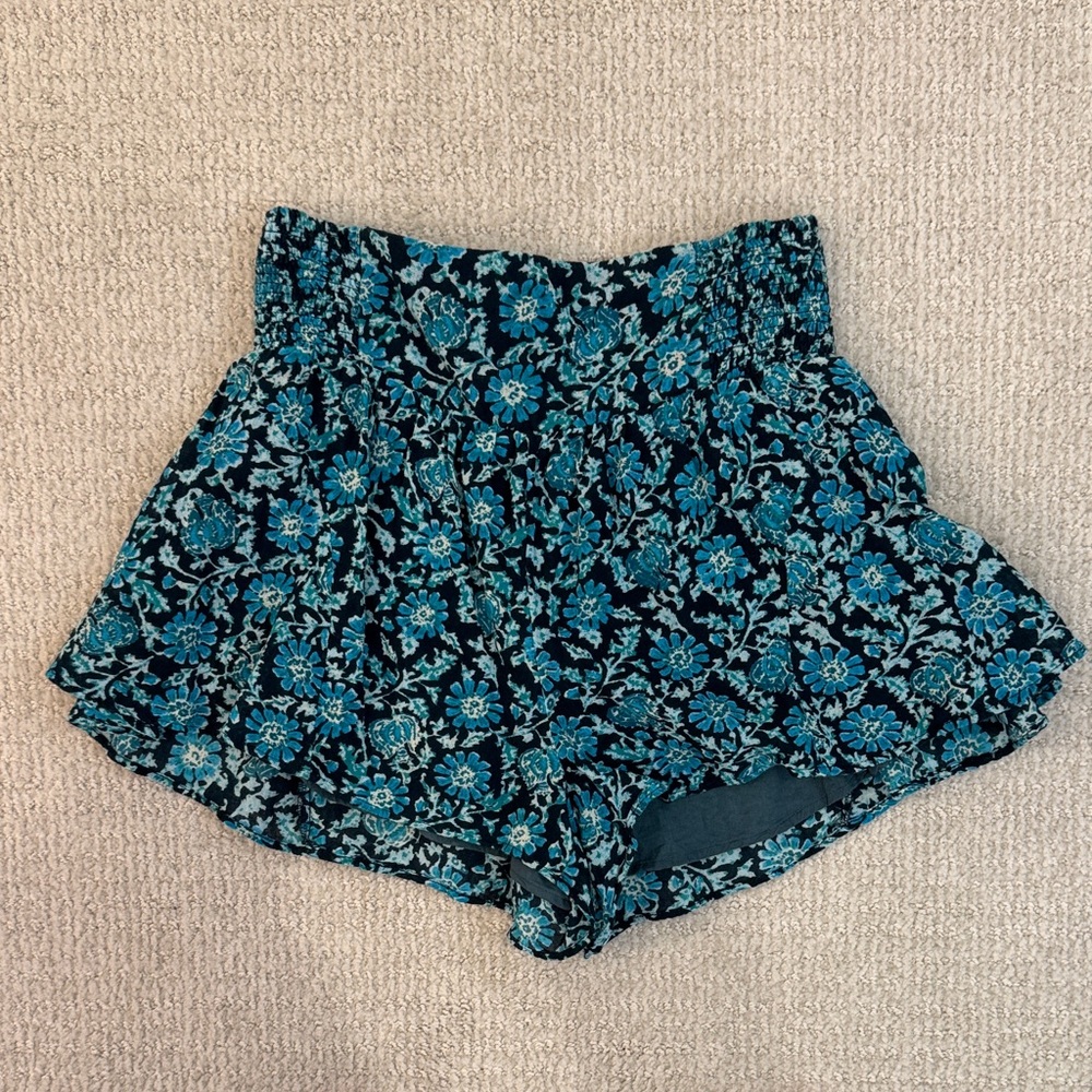 Free People Teal Floral Ruffled Waist Shorts Size XS